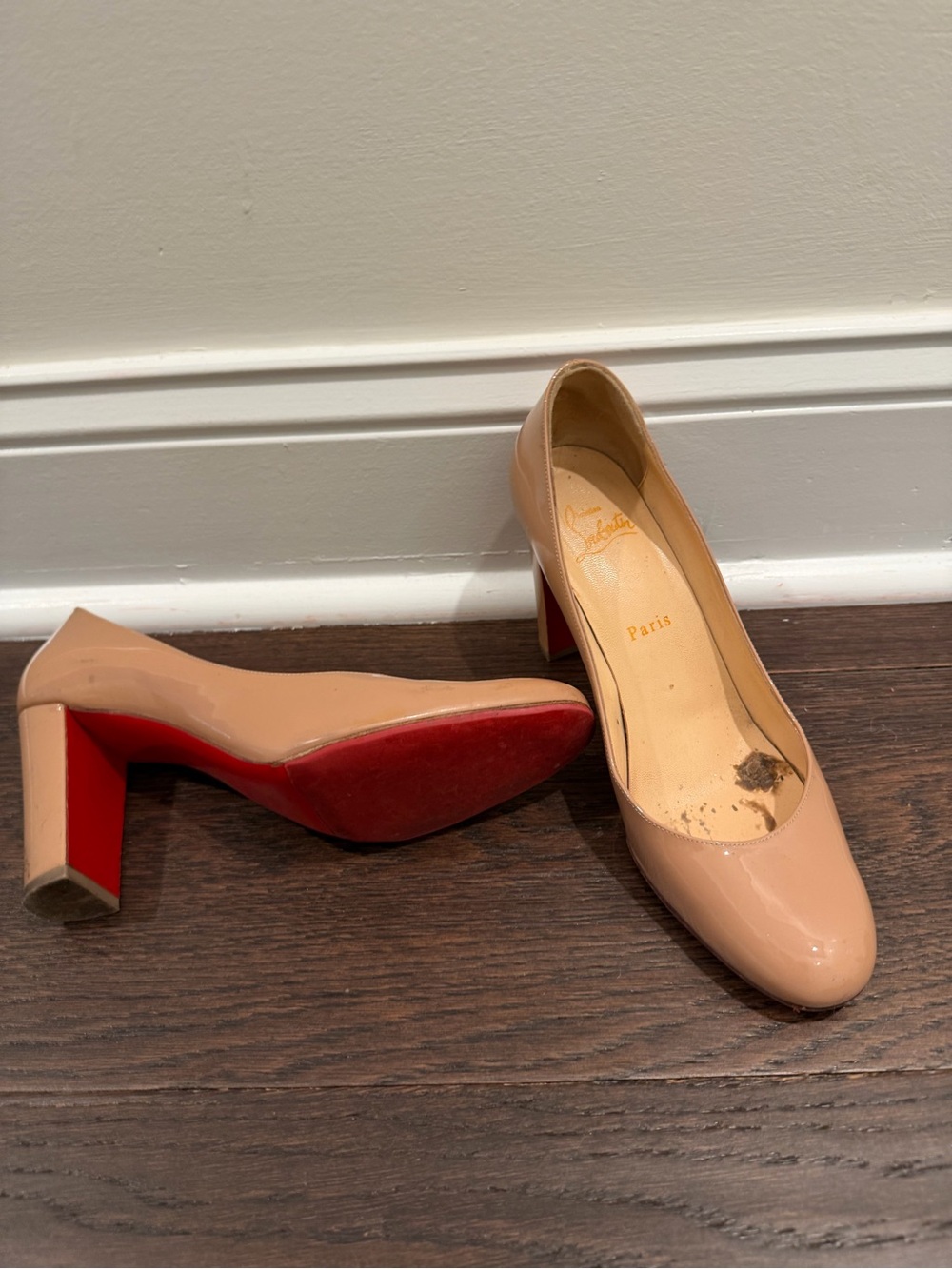 Christian Louboutin Nude Patent Block Heel Pumps with Red Soles